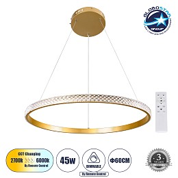 GLOBOSTAR® DIAMOND 61131 Μοντέρνο Κρεμαστό Φωτιστικό Οροφής LED 45W 5230lm 360° AC 220-240V IP20 Ρυθμιζόμενο Λευκό CCT με Χειριστήριο από 2700K έως 6000K Dimmable - Lumileds SMD Chip - Χρυσό Βούρτσας - Μ60 x Π60 x Υ3cm - 3 Χρόνια Εγγύηση