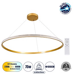 GLOBOSTAR® DIAMOND 61135 Μοντέρνο Κρεμαστό Φωτιστικό Οροφής LED 75W 8743lm 360° AC 220-240V IP20 Ρυθμιζόμενο Λευκό CCT με Χειριστήριο από 2700K έως 6000K Dimmable - Lumileds SMD Chip - Χρυσό Βούρτσας - Μ100 x Π100 x Υ3cm - 3 Χρόνια Εγγύηση