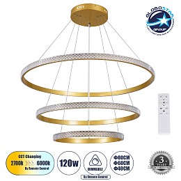 GLOBOSTAR® DIAMOND TRIO 61139 Μοντέρνο Κρεμαστό Φωτιστικό Οροφής LED 120W 14723lm 360° AC 220-240V IP20 Ρυθμιζόμενο Λευκό CCT με Χειριστήριο από 2700K έως 6000K Dimmable - Lumileds SMD Chip - Χρυσό Βούρτσας - Μ80 x Π80 x Υ60cm - 3 Χρόνια Εγγύηση