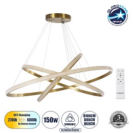 GLOBOSTAR® DIAMOND TRIO 61141-DECO Μοντέρνο Κρεμαστό Φωτιστικό Οροφής LED 150W 18379lm 360° AC 220-240V IP20 Ρυθμιζόμενο Λευκό CCT με Χειριστήριο από 2700K έως 6000K Dimmable - Lumileds SMD Chip - Χρυσό Βούρτσας - Μ60 x Π80 x Υ100cm - 3 Χρόνια Εγγύηση