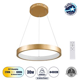 GLOBOSTAR® NEMESIS 61157 Μοντέρνο Κρεμαστό Φωτιστικό Οροφής LED 30W 3513lm 360° AC 220-240V IP20 Ρυθμιζόμενο Λευκό CCT με Χειριστήριο από 2700K έως 6000K Dimmable - Lumileds SMD Chip - Χρυσό Βούρτσας - Μ40 x Π40 x Υ4cm - 3 Χρόνια Εγγύηση