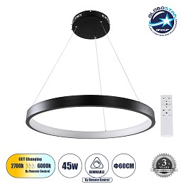 GLOBOSTAR® NEMESIS 61158 Μοντέρνο Κρεμαστό Φωτιστικό Οροφής LED 45W 5230lm 360° AC 220-240V IP20 Ρυθμιζόμενο Λευκό CCT με Χειριστήριο από 2700K έως 6000K Dimmable - Lumileds SMD Chip - Μαύρο Ματ - Μ60 x Π60 x Υ4cm - 3 Χρόνια Εγγύηση