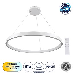 GLOBOSTAR® NEMESIS 61162 Μοντέρνο Κρεμαστό Φωτιστικό Οροφής LED 67W 7689lm 360° AC 220-240V IP20 Ρυθμιζόμενο Λευκό CCT με Χειριστήριο από 2700K έως 6000K Dimmable - Lumileds SMD Chip - Λευκό Ματ - Μ80 x Π80 x Υ4cm - 3 Χρόνια Εγγύηση