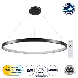 GLOBOSTAR® NEMESIS 61164 Μοντέρνο Κρεμαστό Φωτιστικό Οροφής LED 75W 8743lm 360° AC 220-240V IP20 Ρυθμιζόμενο Λευκό CCT με Χειριστήριο από 2700K έως 6000K Dimmable - Lumileds SMD Chip - Μαύρο Ματ - Μ100 x Π100 x Υ4cm - 3 Χρόνια Εγγύηση