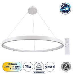 GLOBOSTAR® NEMESIS 61165 Μοντέρνο Κρεμαστό Φωτιστικό Οροφής LED 75W 8743lm 360° AC 220-240V IP20 Ρυθμιζόμενο Λευκό CCT με Χειριστήριο από 2700K έως 6000K Dimmable - Lumileds SMD Chip - Λευκό Ματ - Μ100 x Π100 x Υ4cm - 3 Χρόνια Εγγύηση