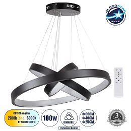 GLOBOSTAR® NEMESIS TRIO 61167-DECO Μοντέρνο Κρεμαστό Φωτιστικό Οροφής LED 100W 12123lm 360° AC 220-240V IP20 Ρυθμιζόμενο Λευκό CCT με Χειριστήριο από 2700K έως 6000K Dimmable - Lumileds SMD Chip - Μαύρο Ματ - Μ25 x Π40 x Υ60cm - 3 Χρόνια Εγγύηση