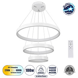 GLOBOSTAR® NEMESIS TRIO 61168 Μοντέρνο Κρεμαστό Φωτιστικό Οροφής LED 100W 12123lm 360° AC 220-240V IP20 Ρυθμιζόμενο Λευκό CCT με Χειριστήριο από 2700K έως 6000K Dimmable - Lumileds SMD Chip - Λευκό Ματ - Μ60 x Π60 x Υ90cm - 3 Χρόνια Εγγύηση
