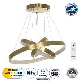 GLOBOSTAR® NEMESIS TRIO 61169-DECO Μοντέρνο Κρεμαστό Φωτιστικό Οροφής LED 100W 12123lm 360° AC 220-240V IP20 Ρυθμιζόμενο Λευκό CCT με Χειριστήριο από 2700K έως 6000K Dimmable - Lumileds SMD Chip - Χρυσό Βούρτσας - Μ60 x Π60 x Υ60cm - 3 Χρόνια Εγγύηση