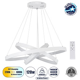GLOBOSTAR® NEMESIS TRIO 61171-DECO Μοντέρνο Κρεμαστό Φωτιστικό Οροφής LED 120W 14723lm 360° AC 220-240V IP20 Ρυθμιζόμενο Λευκό CCT με Χειριστήριο από 2700K έως 6000K Dimmable - Lumileds SMD Chip - Λευκό Ματ - Μ40 x Π60 x Υ80cm - 3 Χρόνια Εγγύηση
