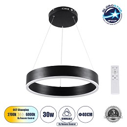 GLOBOSTAR® VENOM 61173 Μοντέρνο Κρεμαστό Φωτιστικό Οροφής LED 30W 3513lm 120° AC 220-240V IP20 Ρυθμιζόμενο Λευκό CCT με Χειριστήριο από 2700K έως 6000K Dimmable - Lumileds SMD Chip - Μαύρο Ματ - Μ40 x Π40 x Υ6.5cm - 3 Χρόνια Εγγύηση