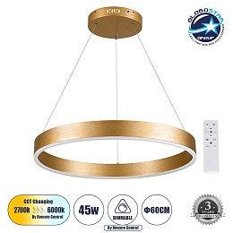 GLOBOSTAR® VENOM 61178 Μοντέρνο Κρεμαστό Φωτιστικό Οροφής LED 45W 5269lm 120° AC 220-240V IP20 Ρυθμιζόμενο Λευκό CCT με Χειριστήριο από 2700K έως 6000K Dimmable - Lumileds SMD Chip - Χρυσό Βούρτσας - Μ60 x Π60 x Υ6.5cm - 3 Χρόνια Εγγύηση