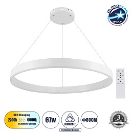 GLOBOSTAR® VENOM 61180 Μοντέρνο Κρεμαστό Φωτιστικό Οροφής LED 67W 7863lm 120° AC 220-240V IP20 Ρυθμιζόμενο Λευκό CCT με Χειριστήριο από 2700K έως 6000K Dimmable - Lumileds SMD Chip - Λευκό Ματ - Μ80 x Π80 x Υ6.5cm - 3 Χρόνια Εγγύηση