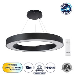 GLOBOSTAR® RA 61196 Μοντέρνο Κρεμαστό Φωτιστικό Οροφής LED 75W 8250lm 120° AC 220-240V IP20 Ρυθμιζόμενο Λευκό CCT με Χειριστήριο από 2700K έως 6000K Dimmable - Lumileds SMD Chip - Μαύρο Ματ - Μ80 x Π80 x Υ8cm - 3 Χρόνια Εγγύηση