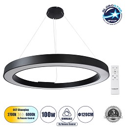 GLOBOSTAR® RA 61198 Μοντέρνο Κρεμαστό Φωτιστικό Οροφής LED 100W 11020lm 120° AC 220-240V IP20 Ρυθμιζόμενο Λευκό CCT με Χειριστήριο από 2700K έως 6000K Dimmable - Lumileds SMD Chip - Μαύρο Ματ - Μ120 x Π120 x Υ8cm - 3 Χρόνια Εγγύηση