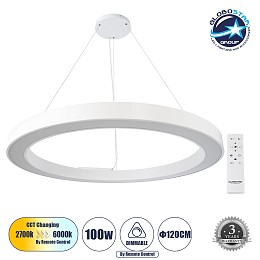 GLOBOSTAR® RA 61199 Μοντέρνο Κρεμαστό Φωτιστικό Οροφής LED 100W 11020lm 120° AC 220-240V IP20 Ρυθμιζόμενο Λευκό CCT με Χειριστήριο από 2700K έως 6000K Dimmable - Lumileds SMD Chip - Λευκό Ματ - Μ120 x Π120 x Υ8cm - 3 Χρόνια Εγγύηση
