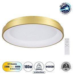 GLOBOSTAR® SALEM 61239 Μοντέρνο Φωτιστικό Οροφής LED 105W 12075lm 120° AC 220-240V IP20 Ρυθμιζόμενο Λευκό CCT με Χειριστήριο από 2700K έως 6000K Dimmable - Lumileds SMD Chip - Χρυσό - Μ60 x Π60 x Υ8.5cm - 3 Χρόνια Εγγύηση