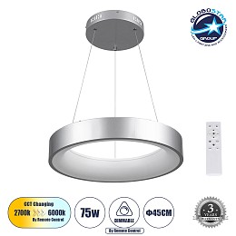 GLOBOSTAR® SALEM 61242 Μοντέρνο Κρεμαστό Φωτιστικό Οροφής LED 75W 8625lm 120° AC 220-240V IP20 Ρυθμιζόμενο Λευκό CCT με Χειριστήριο από 2700K έως 6000K Dimmable - Lumileds SMD Chip - Γκρι - Μ45 x Π45 x Υ7cm - 3 Χρόνια Εγγύηση