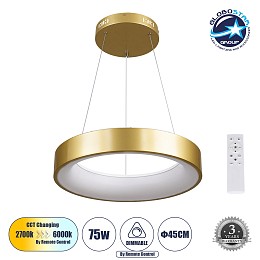 GLOBOSTAR® SALEM 61243 Μοντέρνο Κρεμαστό Φωτιστικό Οροφής LED 75W 8625lm 120° AC 220-240V IP20 Ρυθμιζόμενο Λευκό CCT με Χειριστήριο από 2700K έως 6000K Dimmable - Lumileds SMD Chip - Χρυσό - Μ45 x Π45 x Υ7cm - 3 Χρόνια Εγγύηση