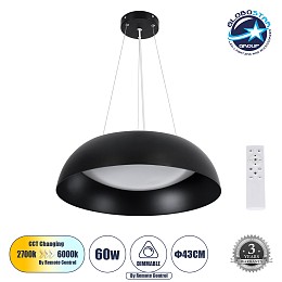 GLOBOSTAR® ANATOLIA 61267 Μοντέρνο Κρεμαστό Φωτιστικό Οροφής LED 60W 6900lm 120° AC 220-240V IP20 Ρυθμιζόμενο Λευκό CCT με Χειριστήριο από 2700K έως 6000K Dimmable - Lumileds SMD Chip - Μαύρο Ματ - Μ43 x Π43 x Υ11cm - 3 Χρόνια Εγγύηση