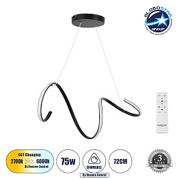 GLOBOSTAR® SPIRALE 61283 Μοντέρνο Κρεμαστό Φωτιστικό Οροφής LED 75W 8400lm 300° AC 220-240V IP20 Ρυθμιζόμενο Λευκό CCT με Χειριστήριο από 2700K έως 6000K Dimmable - Lumileds SMD Chip - Μαύρο Ματ - Μ72 x Π25 x Υ30cm - 3 Χρόνια Εγγύηση