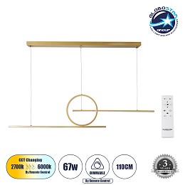 GLOBOSTAR® TEREZA 61289 Μοντέρνο Κρεμαστό Φωτιστικό Οροφής LED 67W 7504lm 300° AC 220-240V IP20 Ρυθμιζόμενο Λευκό CCT με Χειριστήριο από 2700K έως 6000K Dimmable - Lumileds SMD Chip - Χρυσό Βούρτσας - Μ110 x Π4.5 x Υ34cm - 3 Χρόνια Εγγύηση