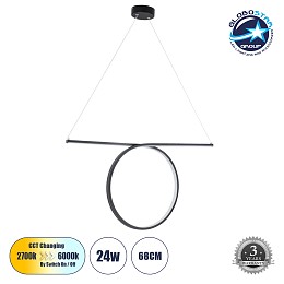 GLOBOSTAR® ROME 61294 Μοντέρνο Κρεμαστό Φωτιστικό Οροφής LED 24W 2640lm 200° AC 220-240V IP20 Ρυθμιζόμενο Λευκό CCT με On/Off 2700K/4500K/6000K - Lumileds SMD Chip - Μαύρο Ματ - Μ65.5 x Π4 x Υ33cm - 3 Χρόνια Εγγύηση