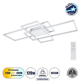 GLOBOSTAR® QUADRA 61389 Μοντέρνο Φωτιστικό Οροφής LED 120W 14400lm 120° AC 220-240V IP20 Ρυθμιζόμενο Λευκό CCT με Χειριστήριο από 2700K έως 6000K Dimmable - Lumileds SMD Chip - Λευκό Ματ - Μ105 x Π60 x Υ9cm - 3 Χρόνια Εγγύηση