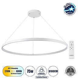 GLOBOSTAR® DIAMOND 61518 Μοντέρνο Κρεμαστό Φωτιστικό Οροφής LED 75W 8400lm 360° AC 220-240V IP20 Ρυθμιζόμενο Λευκό CCT με Χειριστήριο από 2700K έως 6000K Dimmable - Lumileds SMD Chip - Λευκό Ματ - Μ100 x Π100 x Υ90cm - 3 Χρόνια Εγγύηση