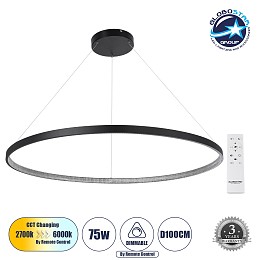 GLOBOSTAR® DIAMOND 61519 Μοντέρνο Κρεμαστό Φωτιστικό Οροφής LED 75W 8400lm 360° AC 220-240V IP20 Ρυθμιζόμενο Λευκό CCT με Χειριστήριο από 2700K έως 6000K Dimmable - Lumileds SMD Chip - Μαύρο Ματ - Μ100 x Π100 x Υ90cm - 3 Χρόνια Εγγύηση