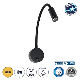 GLOBOSTAR® GOOSE 61690 Μοντέρνο Φωτιστικό Τοίχου - Απλίκα Ξενοδοχείου Reading Light LED 3W 300lm 36° AC 220-240V IP20 Θερμό Λευκό 2700K - CREE XPE Chip & TÜV SÜD Driver - Μαύρο Ματ - Μ6.5 x Π22.5 x Υ23cm - 3 Χρόνια Εγγύηση
