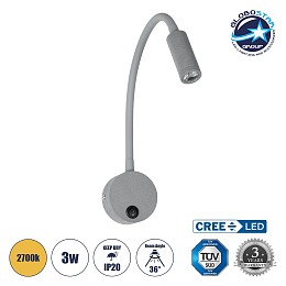 GloboStar® GOOSE 61689 Φωτιστικό Τοίχου - Απλίκα LED 3W 300lm 36° AC 220-240V IP20 - Reading Light - Θερμό Λευκό 2700K Γκρι Αλουμίνιο - Μ6.5 x Π22.5 x Υ23cm - 5 Xρόνια Εγγύηση
