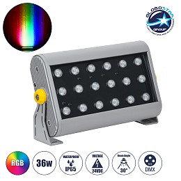 GLOBOSTAR® FLOOD-HENA 90642 Προβολέας Σποτ Wall Washer LED 36W 3600lm 30° DC 24V Αδιάβροχο IP65 RGB DMX512 Dimmable - Ασημί - Μ30 x Π6 x Υ17cm - 3 Χρόνια Εγγύηση