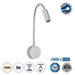 GloboStar® GOOSE 60879 Μοντέρνο Φωτιστικό Τοίχου - Απλίκα Ξενοδοχείου Bed Side LED 3W 300lm 36° AC 220-240V - Reading Light - Μ6.5 x Π15 x Υ24.5cm - Φυσικό Λευκό 4500K - Γκρι Νίκελ - 3 Xρόνια Εγγύηση