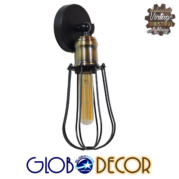 GLOBOSTAR® CATEL 01056 Vintage Φωτιστικό Τοίχου - Απλίκα με Ντουί 1 x E27 AC 220-240V IP20 - Μαύρο & Χρυσό - Μ12 x 15 x Υ32cm