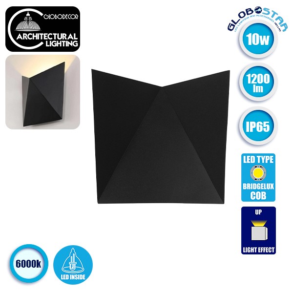 GLOBOSTAR® STEALTH 96506 Μοντέρνο Φωτιστικό Τοίχου - Απλίκα LED 10W 1200lm 60° AC 220-240V Αδιάβροχο IP65 Ψυχρό Λευκό 6000K - Bridgelux COB Chip & TÜV SÜD Driver - Μαύρο Ματ - Μ17 x Π7.5 x Υ17cm - 5 Χρόνια Εγγύηση