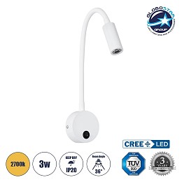 GLOBOSTAR® GOOSE 61688 Μοντέρνο Φωτιστικό Τοίχου - Απλίκα Ξενοδοχείου Reading Light LED 3W 300lm 36° AC 220-240V IP20 Θερμό Λευκό 2700K - CREE XPE Chip & TÜV SÜD Driver - Λευκό Ματ - Μ6.5 x Π15 x Υ24.5cm - 3 Χρόνια Εγγύηση